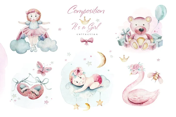 Baby shower kid swan watercolor girl design cartoon elements. Set of baby pink birthday illustration. Newborn party invitation — 스톡 사진