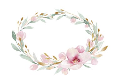 Yeşil yapraklar ve çiçeklerle açan bahar dalları. Suluboya resim. El çizimi.