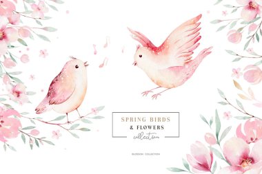 Yeşil yapraklar ve çiçeklerle açan dallardaki bahar kuşları. Suluboya resim. El çizimi.