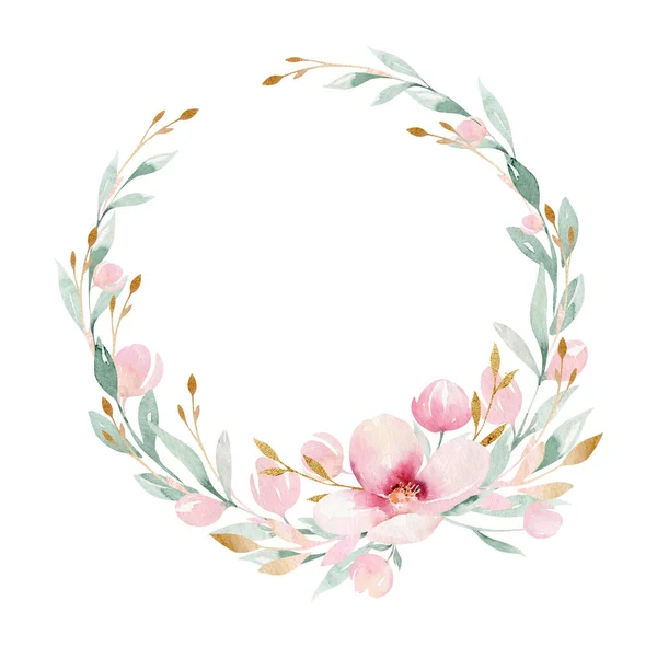 Kwiatowa Rama Wykonana Kwitnących Gałęzi Malowanie Akwarelami Ręcznie Rysowane — Zdjęcie stockowe
