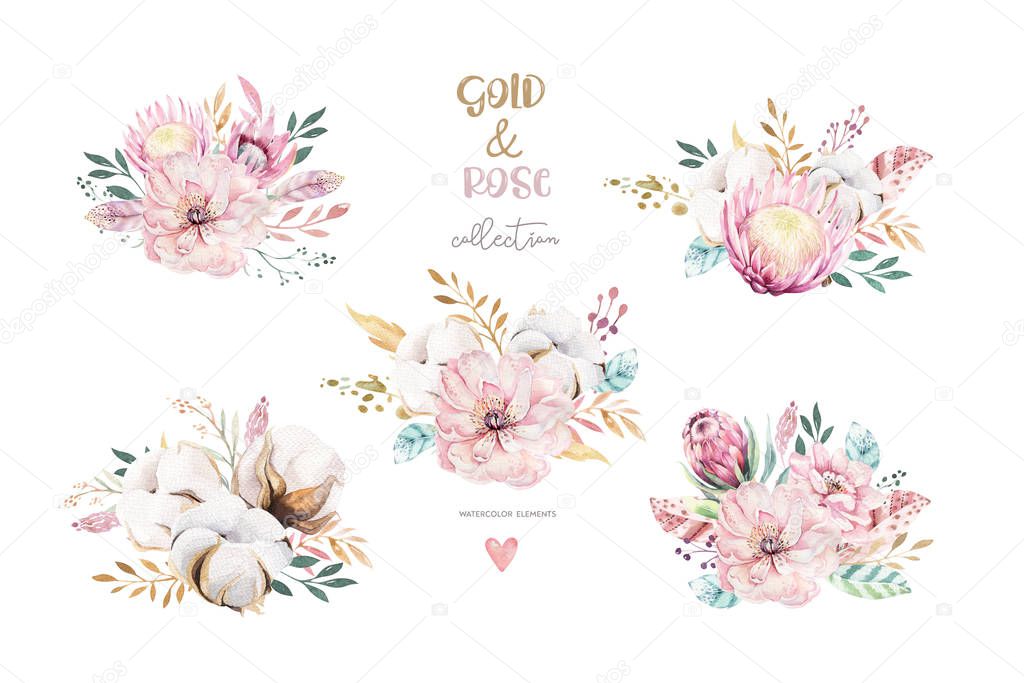 Watercolor boho floral set. Bohemian natural frame: leaves, feathers, flowers, isolated on white background. Artistic decoration. Save the date, weddign design, valentines day.