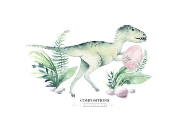 Şirin karikatür bebek dinozorlar suluboya bebek partisi daveti, el boyalı dino beyaz arka planda izole edilmiş poster süslemeleri. Rex çocuklar komik sanat