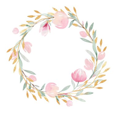 Yeşil yapraklar ve çiçeklerle açan daldaki bahar kuşu. Suluboya resim. El çizimi.