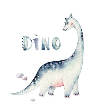 Şirin bebek dinozorlar suluboya resimlerini topluyor, beyaz arka planda izole edilmiş el boyalı dinazorlar bebek posterleri süslemek için. Rex çocuklar komiktir