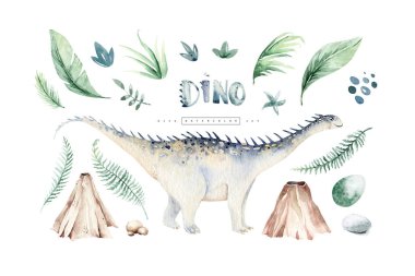 Şirin bebek dinozorlar suluboya resimlerini topluyor, beyaz arka planda izole edilmiş el boyalı dinazorlar bebek posterleri süslemek için. Rex çocuklar komik sanat