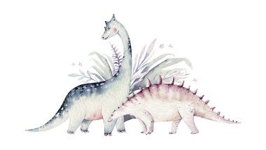 Şirin bebek dinozorlar suluboya resimlerini topluyor, beyaz arka planda izole edilmiş el boyalı dinazorlar bebek posterleri süslemek için. Rex çocuklar komiktir