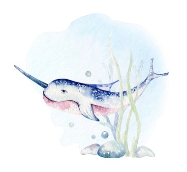 Bir grup deniz hayvanı. Mavi suluboya okyanus balığı, kaplumbağa, balina ve mercan. Kabuk akvaryum arka planı. Denizcilik illüstrasyonu