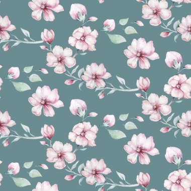 Kiraz çiçeği Pembe çiçek suluboya tarzında beyaz arka plan ile Seamless modeli. yaz çiçek açan sakura şube dekorasyon