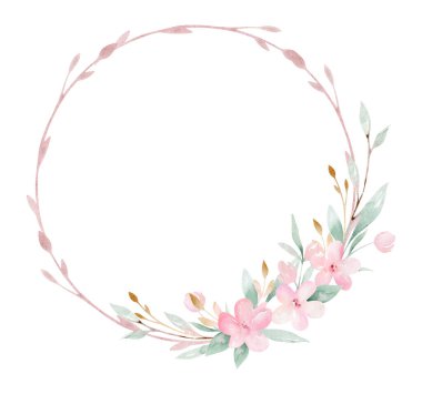 Yeşil yapraklar ve çiçeklerle açan daldaki bahar kuşu. Suluboya resim. El çizimi.