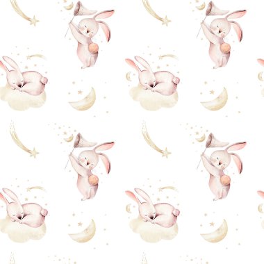 Sevimli yavru tavşan desensiz kuyrukluyıldız yıldızlı gece gökyüzü çocuk kıyafetleri için orman tavşanı çizimi. Çocuk odası duvar kâğıdı arkaplan Woodland suluboya el çizimi vaka tasarımı, posterler ve kartpostallar için resim.