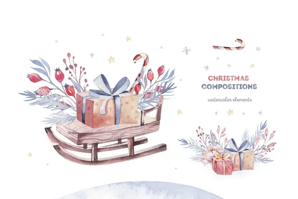 Рождественский Набор Акварелей Элементов Зимняя Изолированная Иллюстрация Праздничный Дизайн Снеговиком — стоковое фото