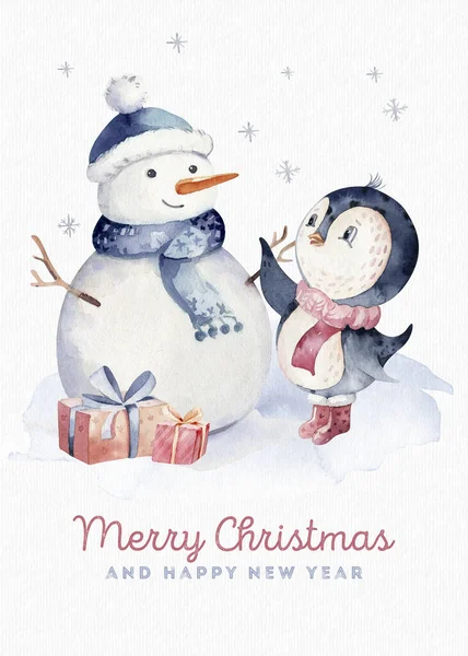 Aquarell Frohe Weihnachten Charakter Pinguin Illustration Winter Cartoon Isoliert Niedlichen — Stockfoto