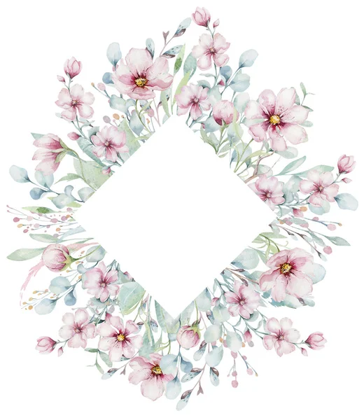 Вінок Квітучих Рожевих Вишневих Квітів Акварельному Стилі Білим Тлом Набір — стокове фото