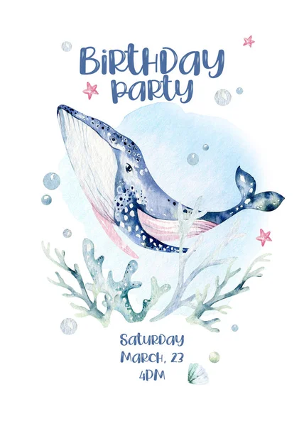 Sea Animals Aquarium Baby Happy Birthday Poster Blue Watercolor Ocean — Stock Photo, Image