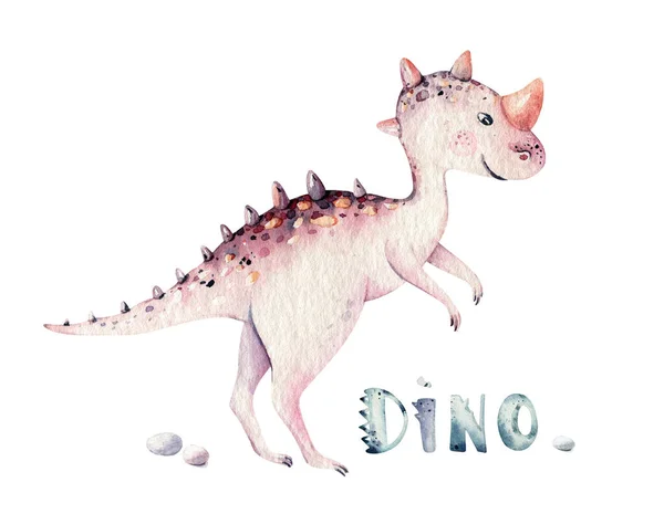 Cute kreskówki dziecko dinozaury kolekcja akwarela ilustracja, ręcznie malowane dino izolowane na białym tle do dekoracji plakat przedszkola. Rex dzieci zabawna sztuka — Zdjęcie stockowe
