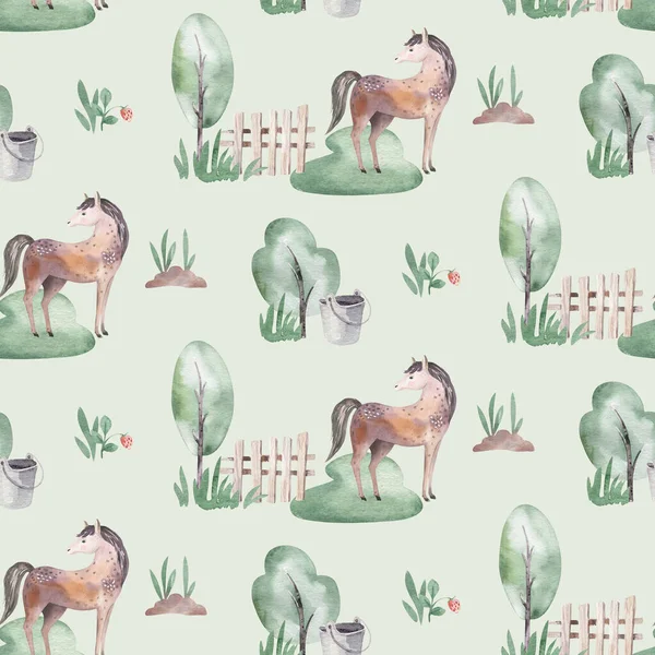 Akvarel Bezešvný Vzor Roztomilými Farmářskými Zvířaty Kozou Koněm Husou Krávou — Stock fotografie