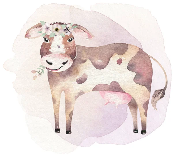 农场动物集合体 可爱的家养宠物水彩画 马和鹅 猪的山羊设计 — 图库照片