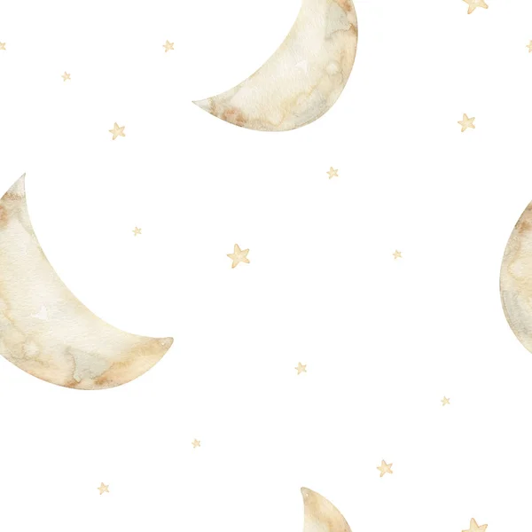 Watercolor seamless pattern - moon and stars. Ideas for a children\'s room. Good night. Baby shower party elements. Perfect for prints, postcards, greeting cards, fabric etc