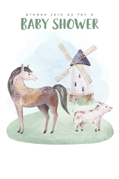 Zvířata Farmách Roztomilé Domácí Mazlíčci Akvarel Ilustrace Kůň Husa Design — Stock fotografie