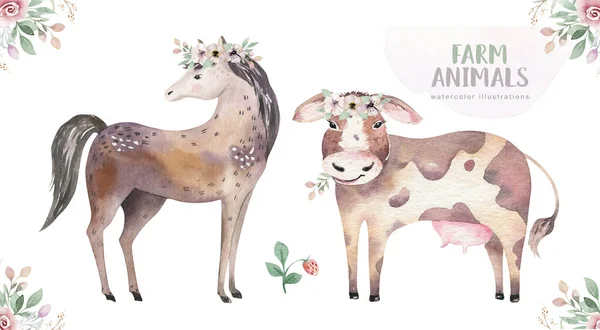 Fazendas Conjunto Animais Bonito Animais Estimação Domésticos Ilustração Aquarela Cavalo — Fotografia de Stock