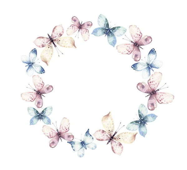 Mariposas Colores Acuarela Aisladas Sobre Fondo Blanco Azul Amarillo Rosa — Foto de Stock