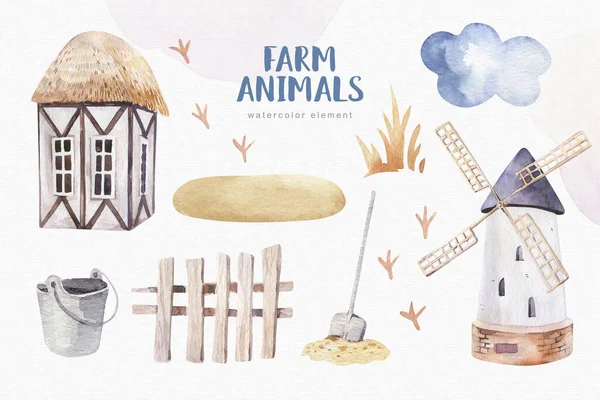 Farms Animal Set Cute Domestic Pets Watercolor Illustration Horse Goose — Stock Photo, Image