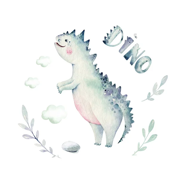 Söta tecknade baby dinosaurier samling akvarell baby shower inbjuda, handmålade dino isolerad på en vit bakgrund för plantskola affisch dekoration. Rex barn rolig konst — Stockfoto