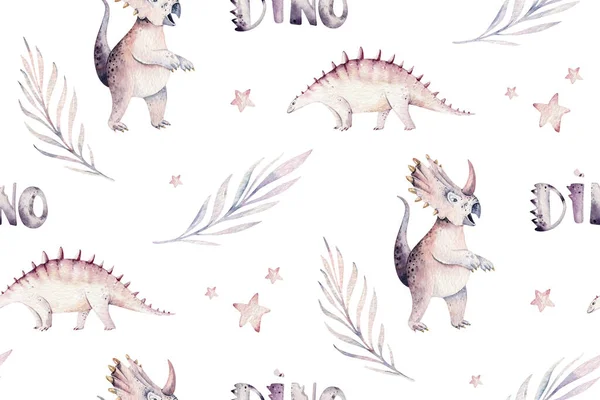 Lindo bebé dinosaurios dibujos animados sin costura patrón acuarela papel, pintado a mano dino fondo textura Jurassic Park. Rex niños arte divertido —  Fotos de Stock