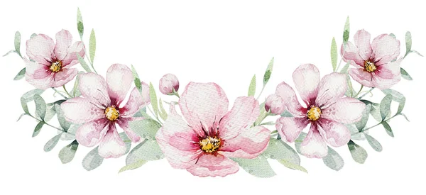 Στεφάνι Από Άνθη Ροζ Κεράσι Άνθη Στυλ Υδατογραφίας Λευκό Φόντο — Φωτογραφία Αρχείου