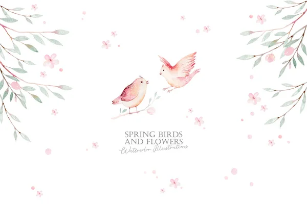 Pássaro Primavera Ramo Florescente Com Folhas Verdes Flores Pintura Aquarela — Fotografia de Stock