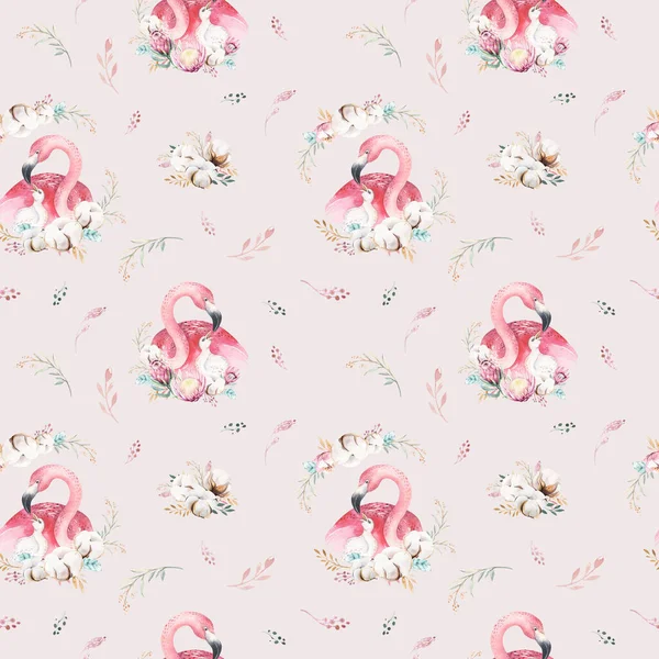 Tatlı Suluboya Çizgi Film Küçük Bebek Çiçek Desenli Anne Flamingosu — Stok fotoğraf
