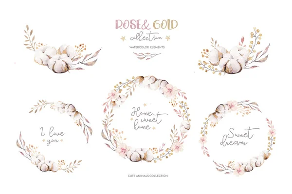 Couronne Florale Boho Aquarelle Cadre Naturel Bohème Fleurs Coton Feuilles — Photo