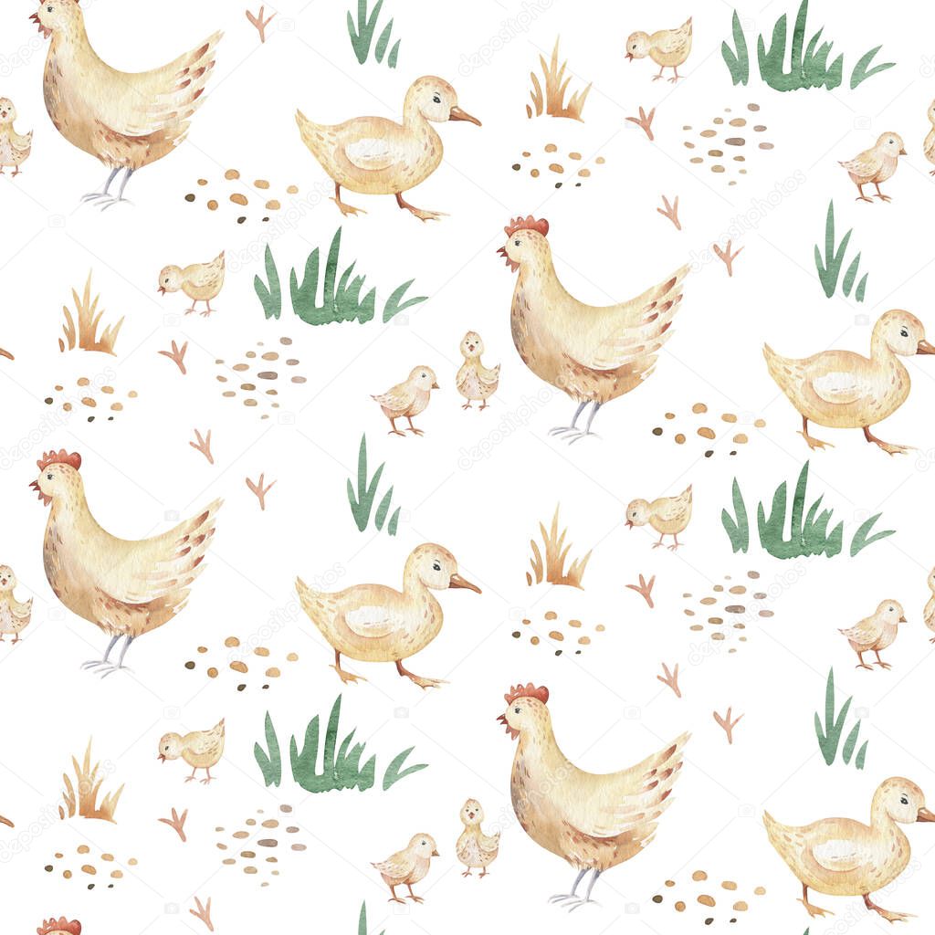 watercolor seamless pattern with cute farm animals with goat, horse, goose and cow. chicken and pig domestic animal illustration.