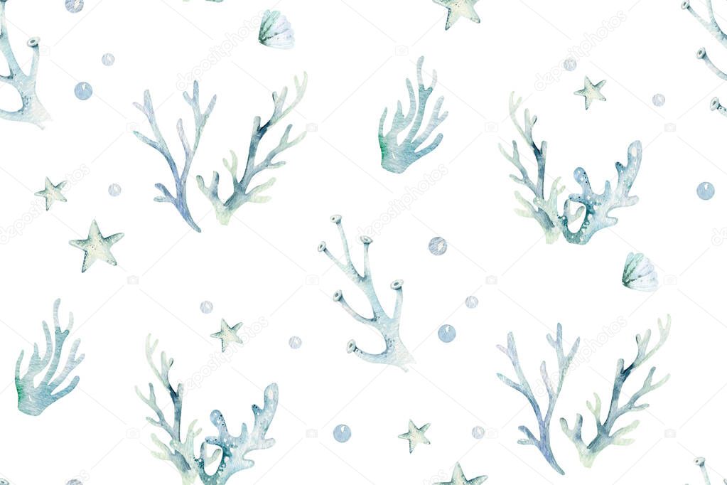 Sea animals blue watercolor ocean seamless pettern fish, turtle, whale and coral. Shell aquarium background. Nautical marine illustration