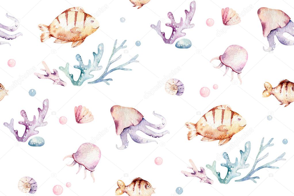 Sea animals blue watercolor ocean seamless pettern fish, turtle, whale and coral. Shell aquarium background. Nautical marine illustration