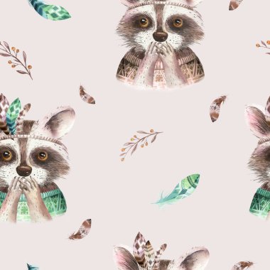 Surenkli boho çiçek rakun tüy ile dikişsiz desen. bohem doğal arka plan: yaprakları, tüyleri, çiçekleri, Sanatsal dekorasyon illüstrasyon. kreş illüstrasyon