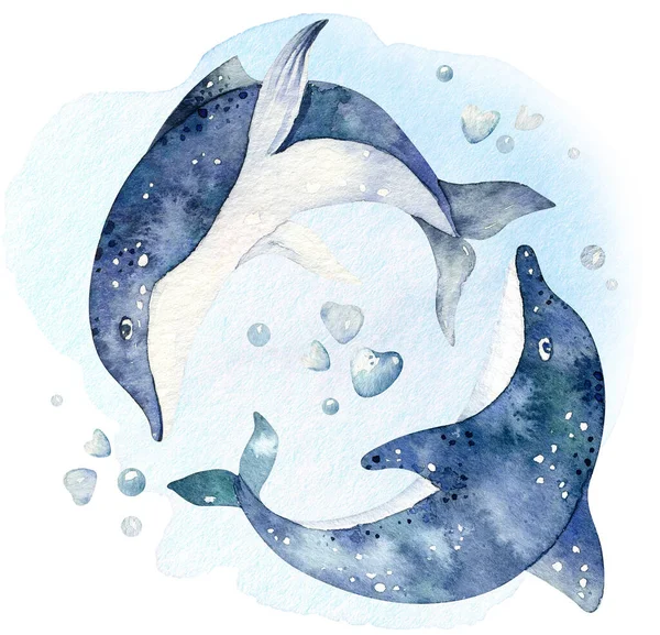 Tengeri Állatok Halmaza Kék Akvarell Óceán Hal Teknős Bálna Korall — Stock Fotó