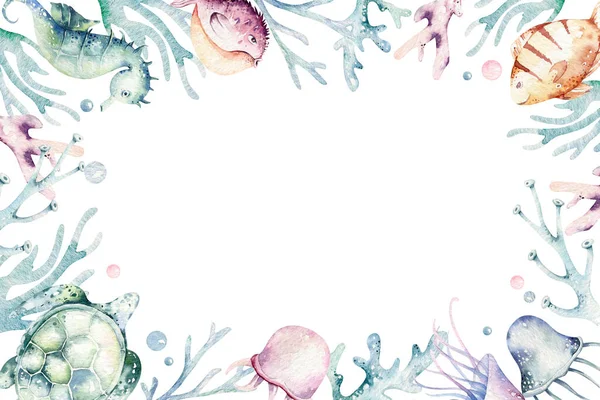 Conjunto Animais Marinhos Azul Aquarela Oceano Peixe Tartaruga Baleia Coral — Fotografia de Stock