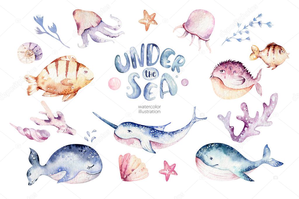 Set of sea animals. Blue watercolor ocean fish, turtle, whale and coral. Shell aquarium background. Nautical marine illustration