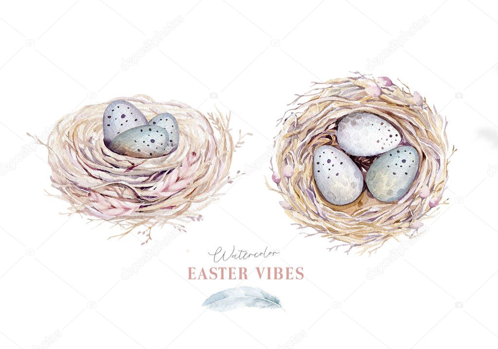Watercolor happt easter nest with bird eggs with branch and feather. Spring hand drawn illustration. Boho egg ans feather nests wreath. Holiday decoration