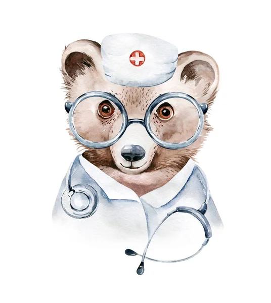 Bear Animal Cute Lekarz Akwarela Dzieci Ilustracja Izolowane Białym Tle — Zdjęcie stockowe