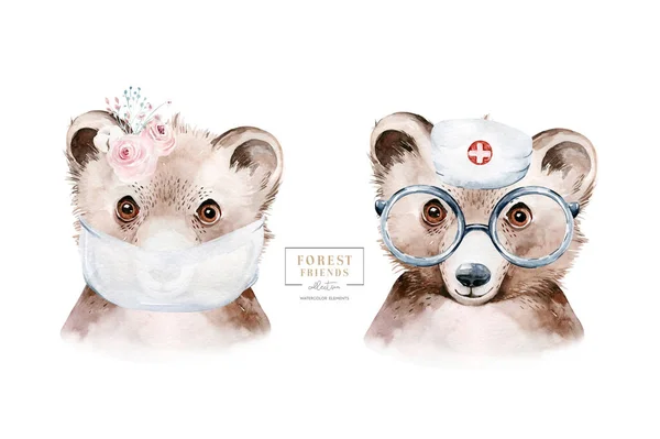 Oso Animal Lindo Médico Acuarela Niños Ilustración Aislada Sobre Fondo — Foto de Stock