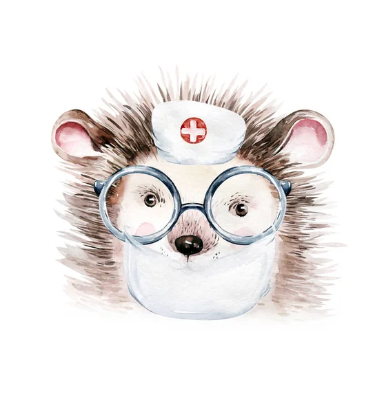 Hedgehog Animal Cute Doctor Watercolor Kids Illustration Isolated White Background — Stock Photo, Image