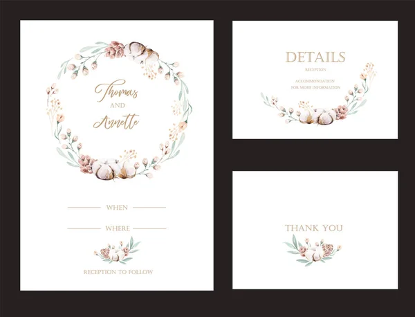 Vector set of invitation cards with watercolor flower protea and gold elements. Wedding bouquet collection — Stock Vector