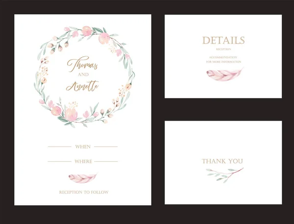 Vektorkészlet meghívó kártyák akvarell virág protea és arany elemek. Esküvői csokor gyűjtemény — Stock Vector
