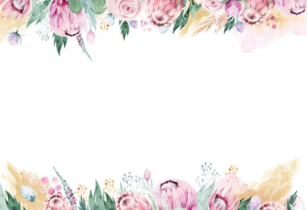 Υδατογραφία floral frame με ροζ protea και χρυσά σχήματα. Χαιρετισμός, διακόσμηση banner design — Διανυσματικό Αρχείο