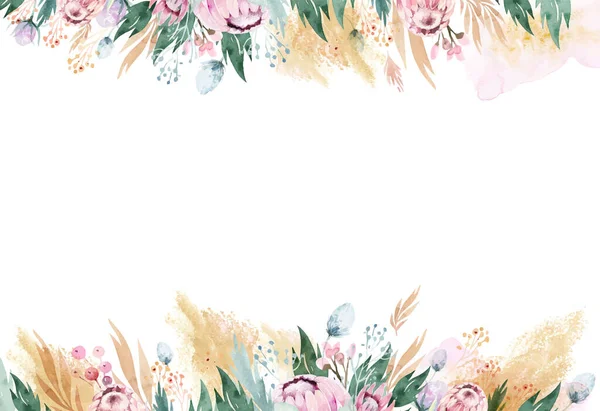 Aquarell-Blumenrahmen mit rosa Protea und goldenen Formen. Gruß, Bannerdesign Dekoration — Stockvektor