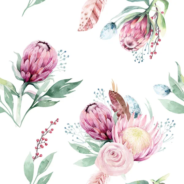 Watercolor protea seamless pattern. tropical leaves background. Textile texture. Hand drawn illustration — Stock Vector