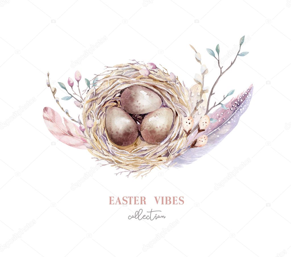 Hand drawn watercolor bird nest with eggs, easter spring design