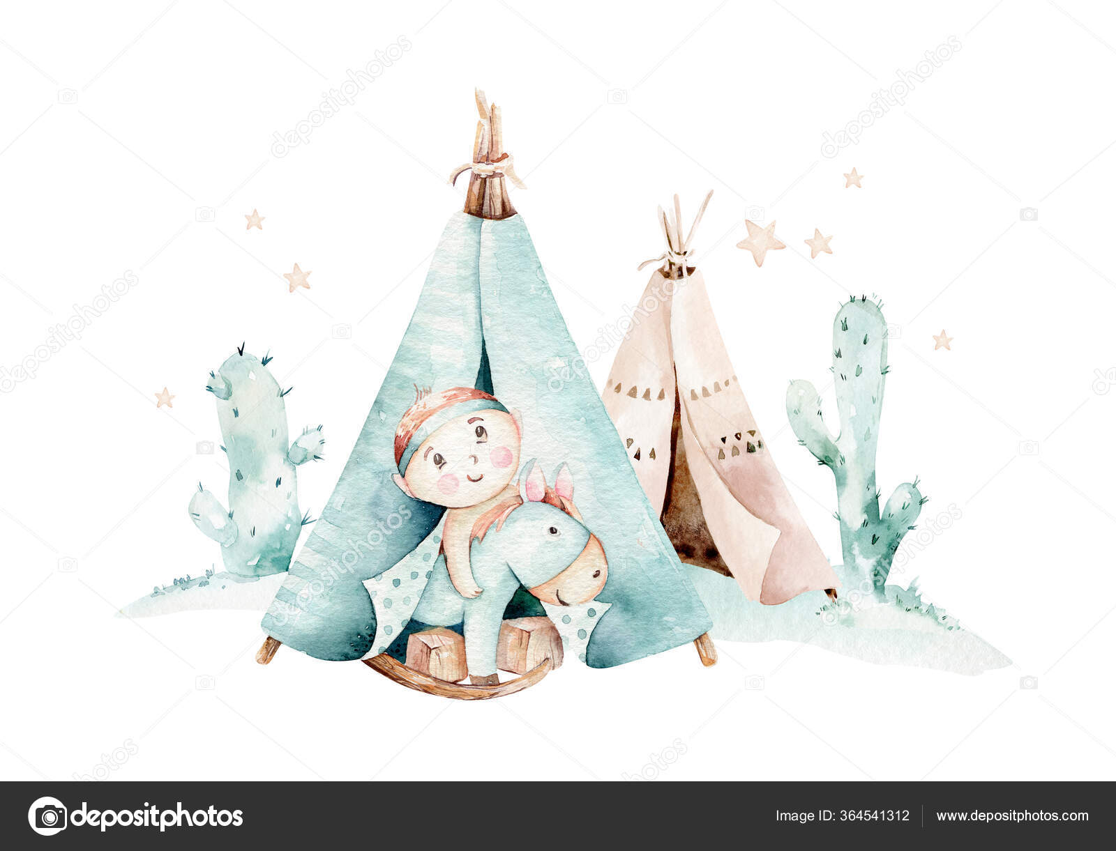 Watercolor Set Mexican Ethnic Elements Cactus Teepee Traditional